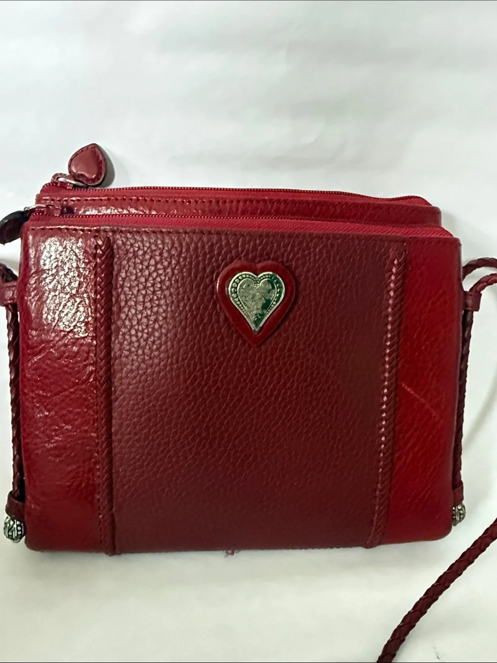 Brighton Crossbody Red Pebbled Leather Heart Braided Double Strap Organizer Bag